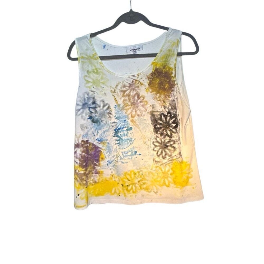 Upcycled Women's Multicolor Flower Hand Stamped Sleeveless Shirt Medium NWOT